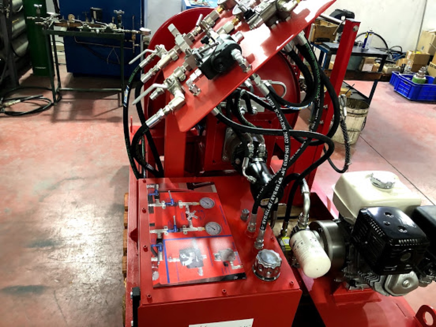 High-pressure water well hose reel control panel with gauges and valves
